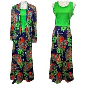 VINTAGE 60s Kitty Size S/M Maxi Hostess Dress Jacket Set Mod GoGo Floral Fans